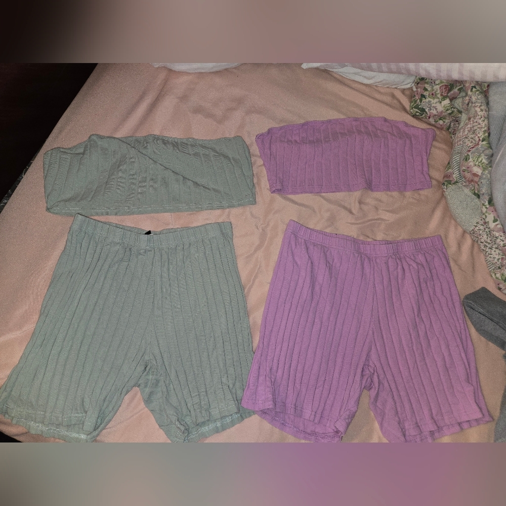 SHEIN Ribbed Bandeau Tops and Shorts Set BUNDLE